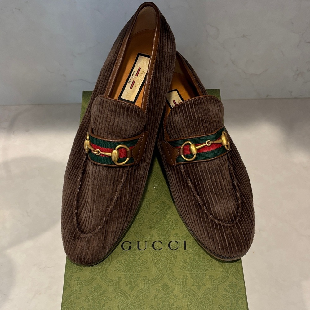 Gucci Men's Corduroy Brown Loafers with Green and Red Accents